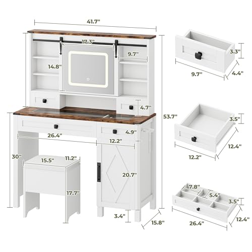 Vanity Desk with Sliding Mirror & Lights, Glass Top, 4 Drawers & Storage Cabinet, Cushioned Stool M629950