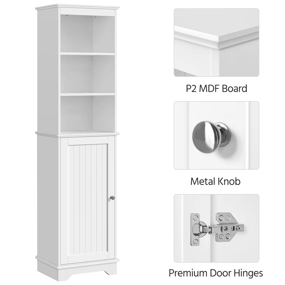 White Tall Wooden Bathroom Floor Cabinet with Single Door and Shelves D770