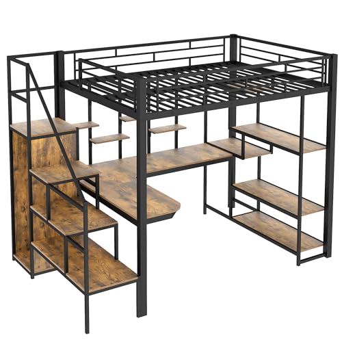 White Full Size Metal Loft Bed with Storage Staircase and Wardrobe X625827