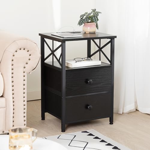 Dark Grey Nightstand Set 2 with Fabric Drawers and Charging Station A657577