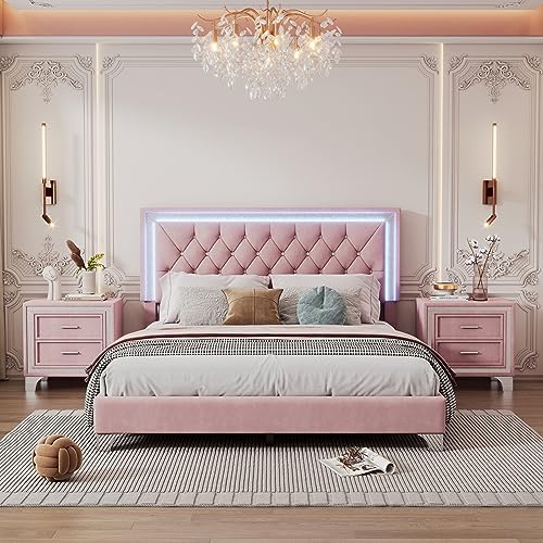 Queen Size Velvet Upholstered Platform Bed with 2 Nightstands Z5554