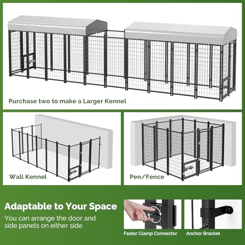Outdoor Dog Kennel with Doggy Door, Swivel Feeder & Roof, 8x4x6 Large Heavy Duty Cage Enclosure R4757