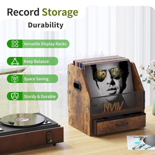 Antique Metal Wooden Vinyl Record Storage with Drawer, Holds up to 60 Records X375