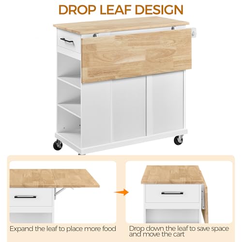 White Rolling Kitchen Island Cart with Drop Leaf, 2 Drawers H155