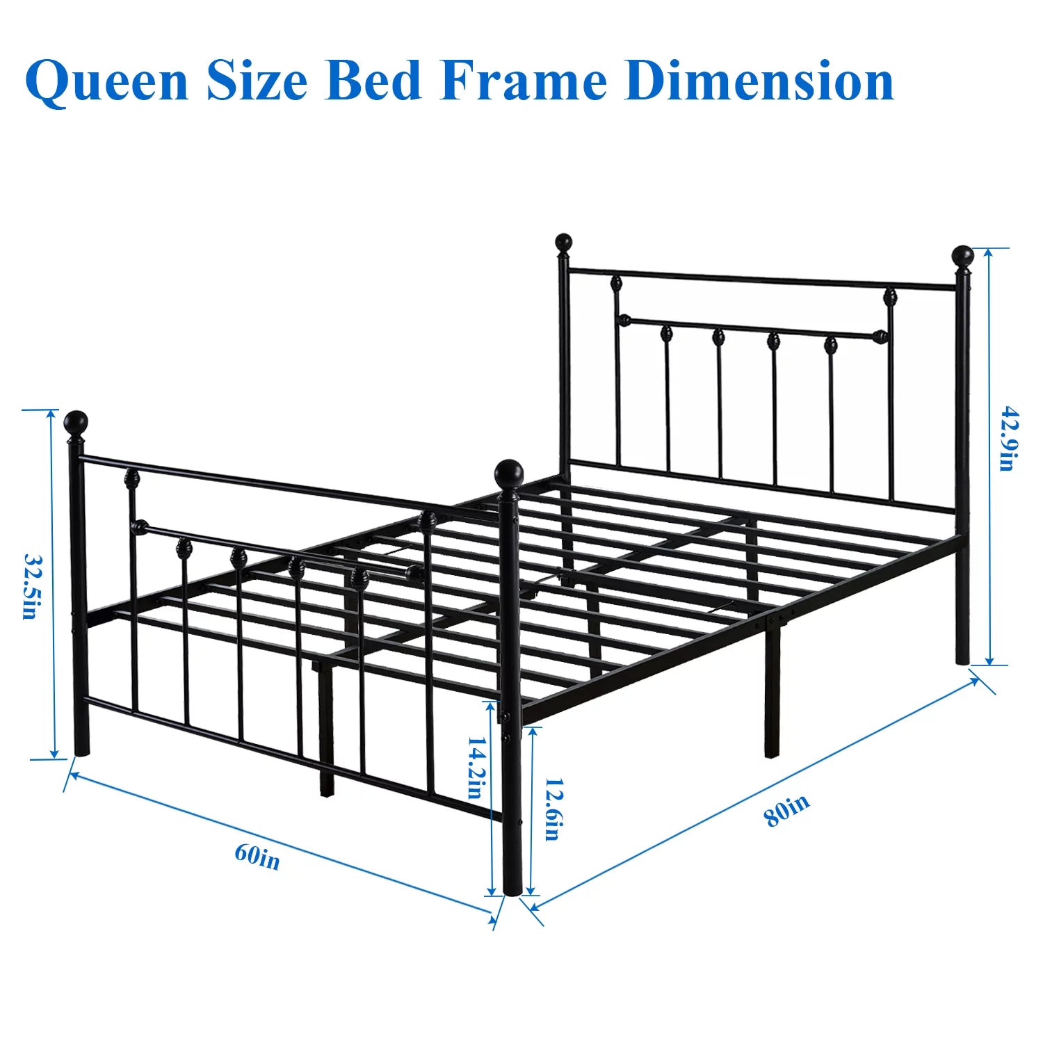 Black Queen Size Metal Bed Platform Frame with Headboard and Footboard C464564