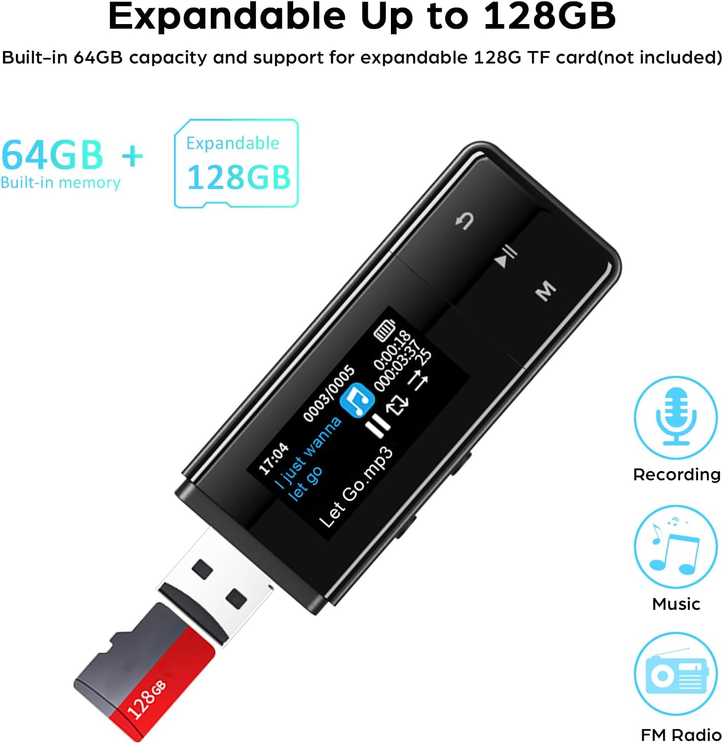64GB Bluetooth MP3 Player with FM Radio, Black D5562