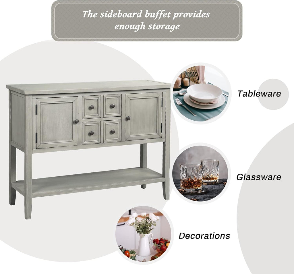 Antique Gray Solid Wood Console Table with 4 Drawers and Bottom Shelf E543