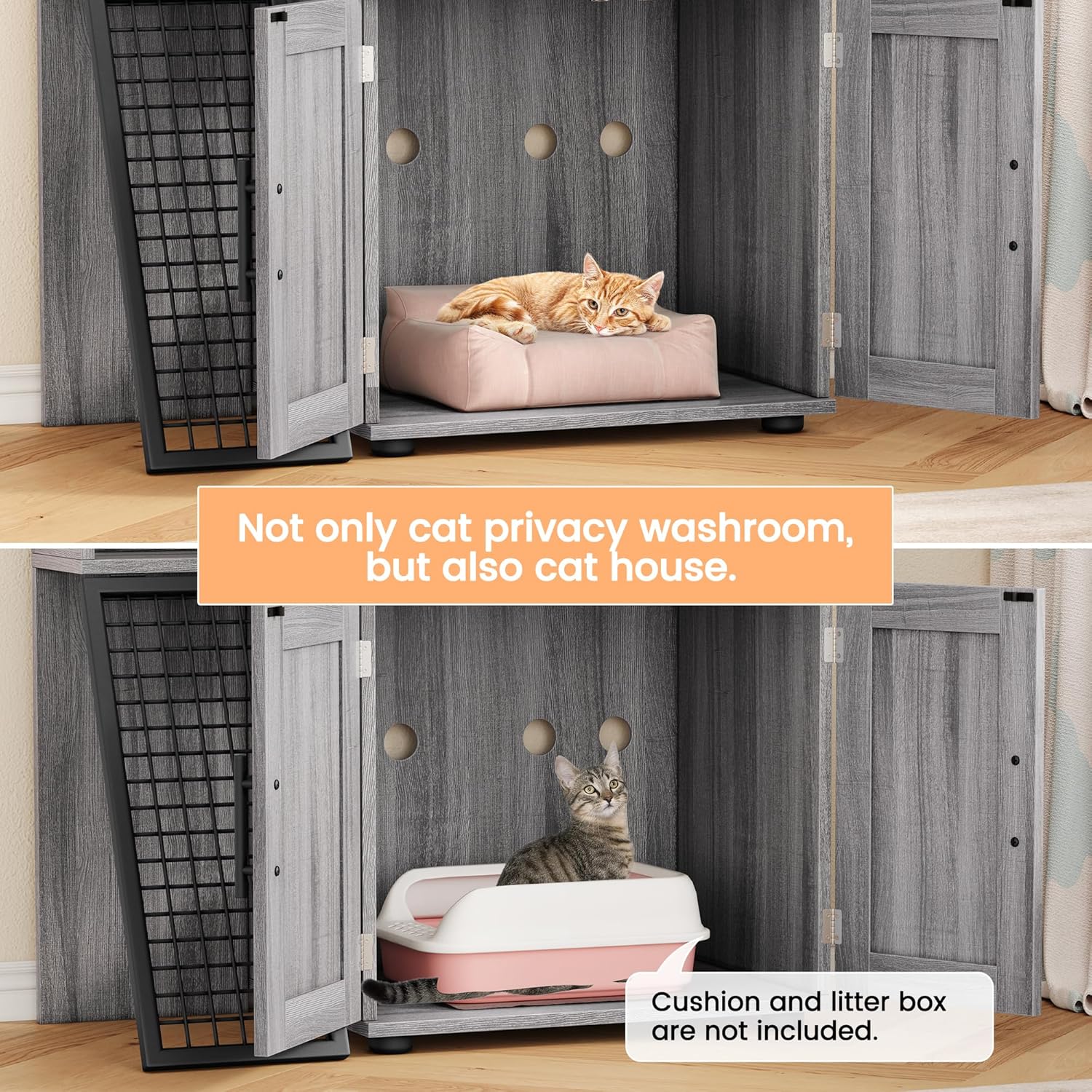 Cat Litter Box Enclosure with Platform, Double Layer Cat Litter Hidden Furniture, Large Cat Cabinet with Ladder, Wax Wood B6325