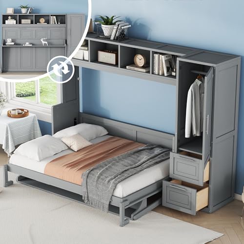 Gray Murphy Cabinet Storage Wall Bed with Closet and Drawers and Built-in Top Shelf R4609