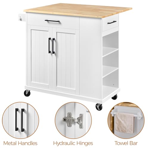 White Rolling Kitchen Island Cart with Drop Leaf, 2 Drawers H155