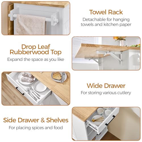White Rolling Kitchen Island Cart with Drop Leaf, 2 Drawers H155