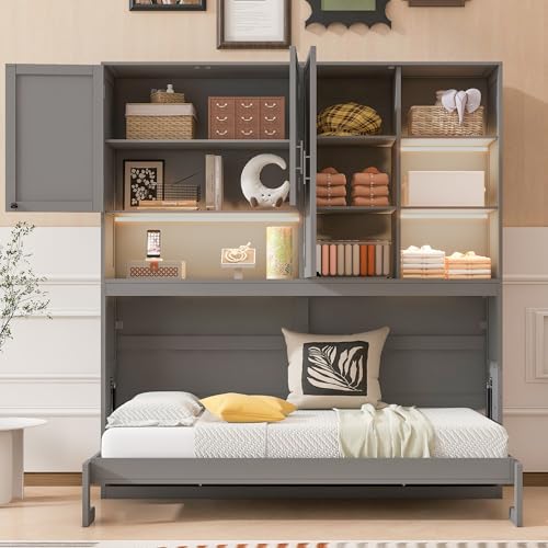 Grey Twin Murphy Bed with Storage Bookcase and Shelves Z61683