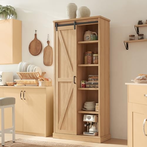 White Tall Wood Kitchen Pantry with Sliding Barn Door C96939