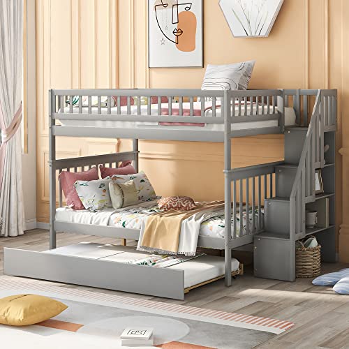 White Solid Wood Twin Size Loft Bed with L-Shaped Desk and Stairs Y341