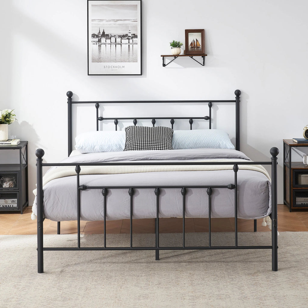 Black Queen Size Metal Bed Platform Frame with Headboard and Footboard C464564