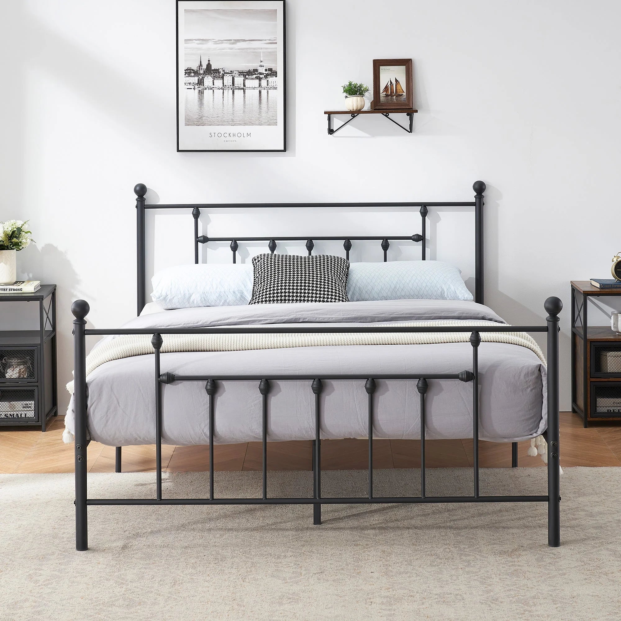 Black Queen Size Metal Bed Platform Frame with Headboard and Footboard C464564