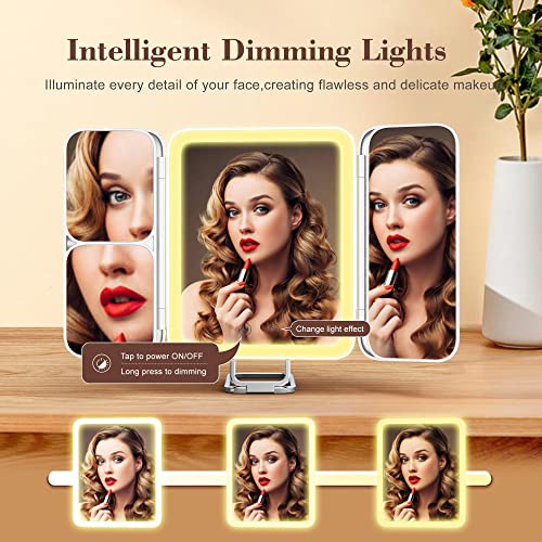 Purple Travel Makeup Mirror with 64 LED Lighted Vanity Mirror 1X 3X 7X Magnification Tri-Fold Compact Mirror Touch Light Rechargeable P629