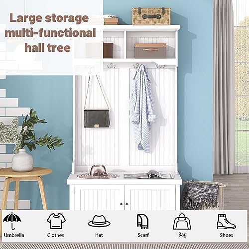White Hall Tree with Storage Shoe Bench and 4 Hooks Y321784