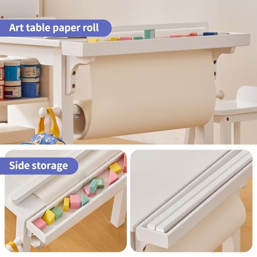 White Drawing and Art Table & Chair Set with Canvas Bins and Paper Roll Rack V2911