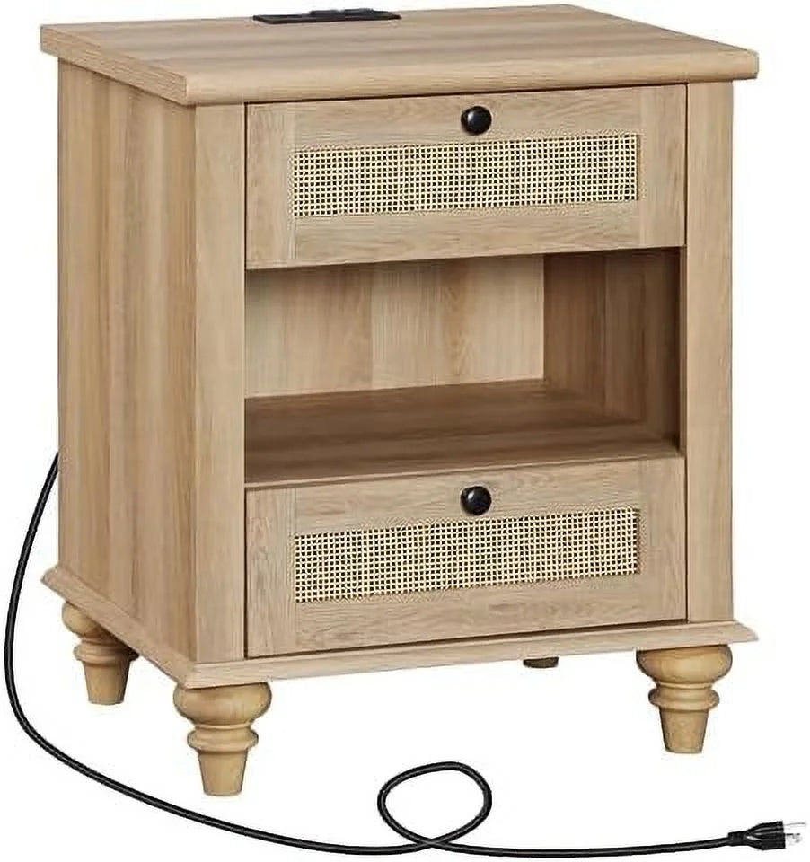 Natural Wood Rattan Nightstand with 2 Drawers R62860