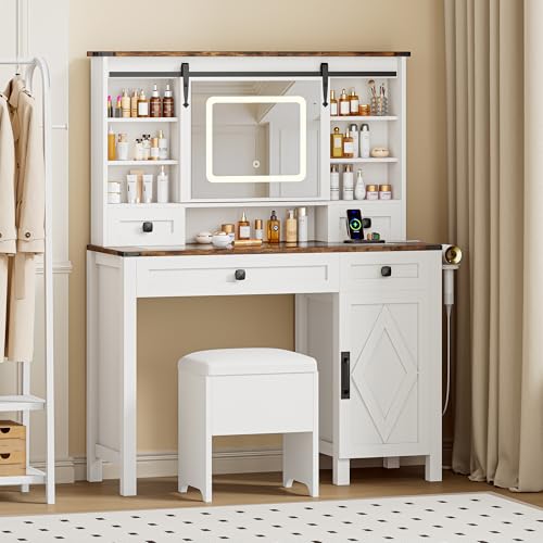 Vanity Desk with Sliding Mirror & Lights, Glass Top, 4 Drawers & Storage Cabinet, Cushioned Stool M629950