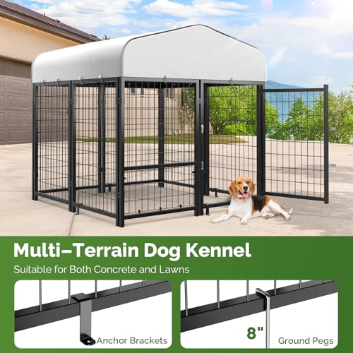 Outdoor Dog Kennel with Doggy Door, Swivel Feeder & Roof, 8x4x6 Large Heavy Duty Cage Enclosure R4757