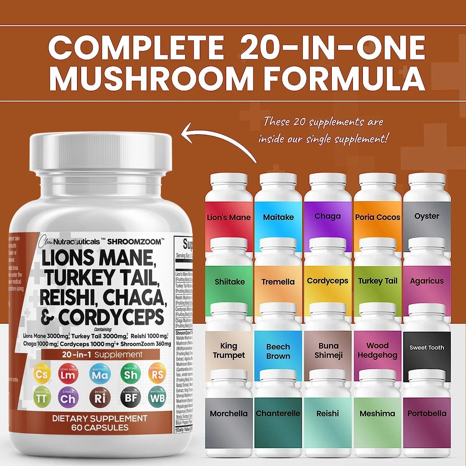 Lions Mane 3000mg 20in1 Mushroom Supplement 60 Count N4720
