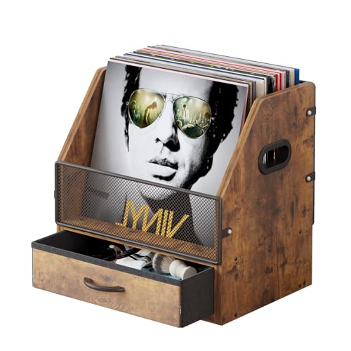 Antique Metal Wooden Vinyl Record Storage with Drawer, Holds up to 60 Records X375