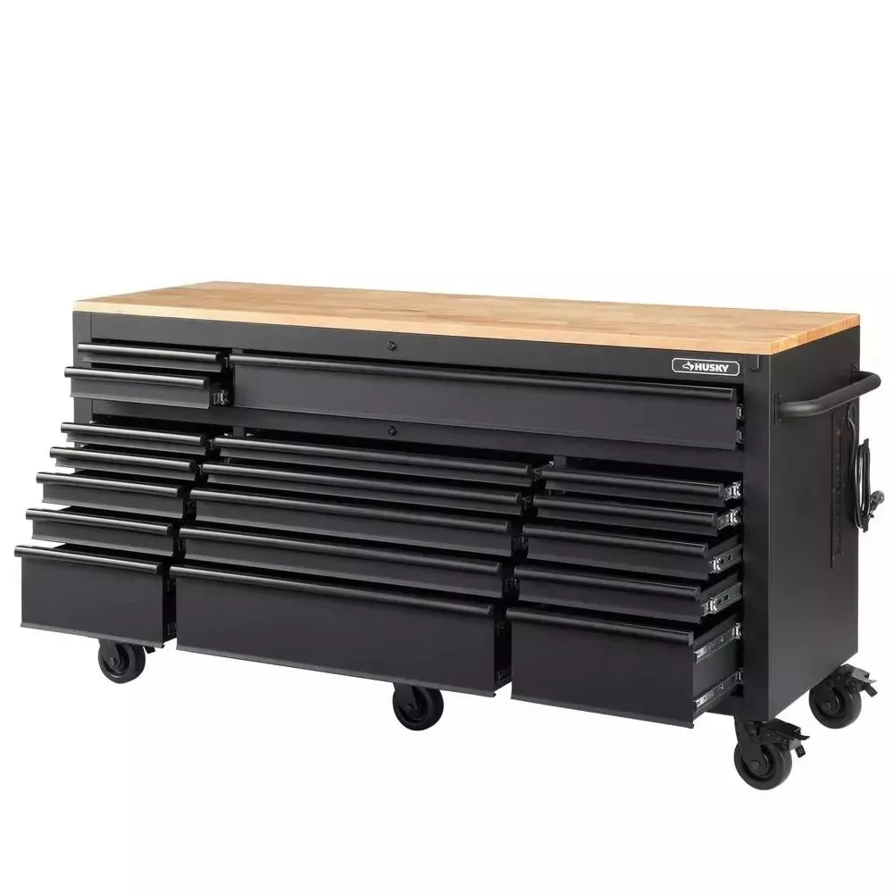72 IN. W 18-Drawer Deep Tool Chest Mobile Workbench in Matte Black with Adjustable-Height Hardwood Top A214176
