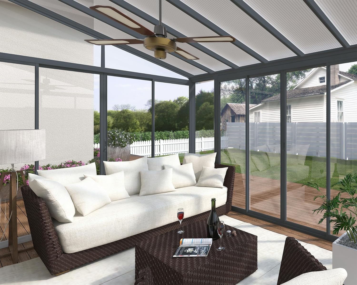 Gray 13x14 Enclosed Patio Cover with Screen Doors DIY Sunroom Kit Lean to Gazebo with Walls UV Protected Polycarbonate Shelter K974