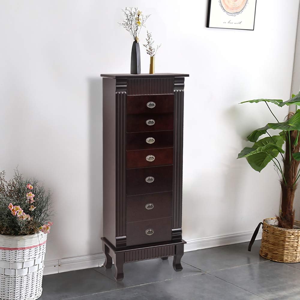Brown 7 Drawer Jewelry Armoire Cabinet with 2 Doors D4717