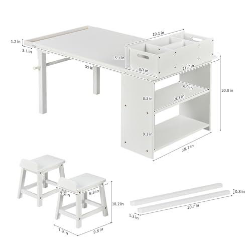 White Drawing and Art Table & Chair Set with Canvas Bins and Paper Roll Rack V2911
