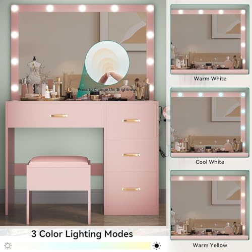 White Vanity Desk with LED Mirror and 4 Drawers T668