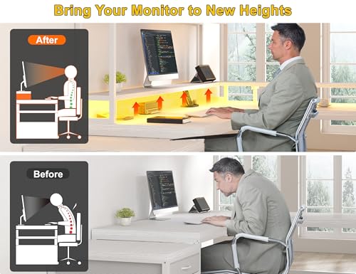 White 64" L Shaped Gaming Desk with Hutch, Drawers, Storage Shelves, Monitor Stand and LED Light G531568