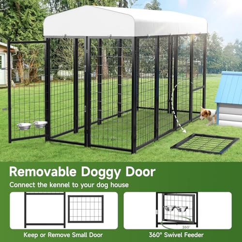 Outdoor Dog Kennel with Doggy Door, Swivel Feeder & Roof, 8x4x6 Large Heavy Duty Cage Enclosure R4757