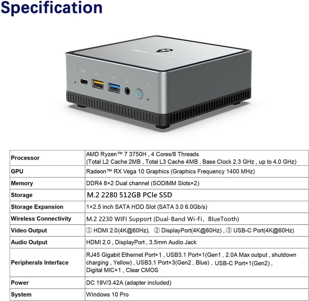 Mini PC AMD Ryzen 7 3750H 16 GB RAM 512 GB PCIe SSD Radeon RX Vega 10 Graphics Dual WiFi BT 5.1 HDMI Display USB-C RJ45 4X USB 3.0 Ports Small Form Factor M7771