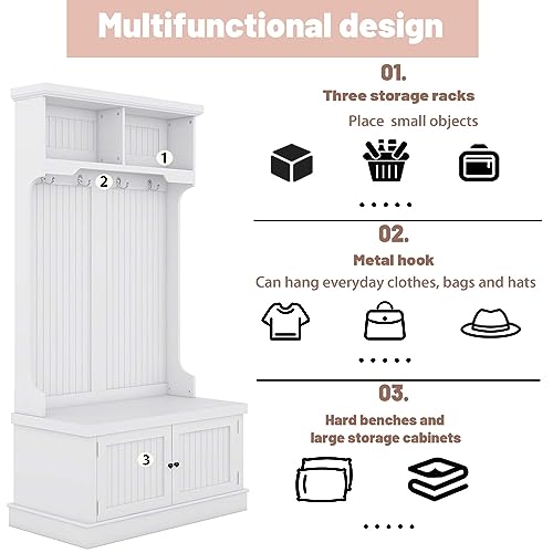 White Hall Tree with Storage Shoe Bench and 4 Hooks Y321784