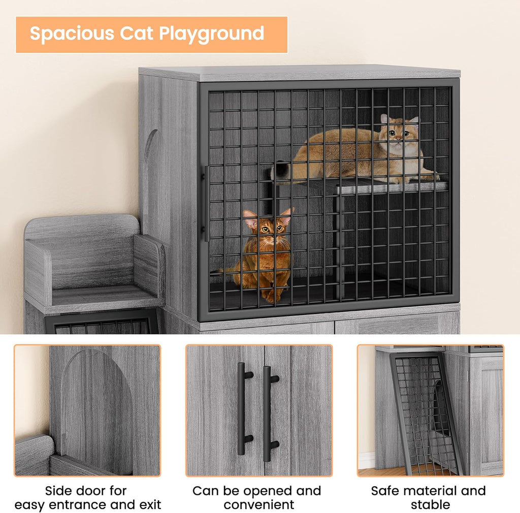 Cat Litter Box Enclosure with Platform, Double Layer Cat Litter Hidden Furniture, Large Cat Cabinet with Ladder, Wax Wood B6325