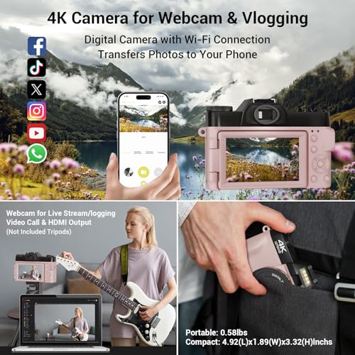 56MP 16X Digital Zoom WiFi 3'' 180° Flip Screen Compact Camera with 2 Batteries 64GB Micro SD Card (Black) A100753