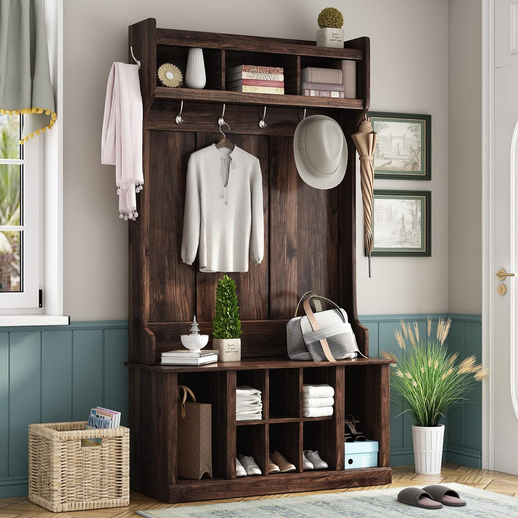 39.4INCH Hall Tree with 6 Hooks Bench Q108
