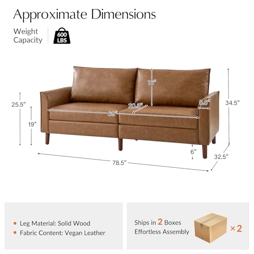 Brown Faux Leather 3-Seater Sofa with Solid Wood Legs I1454