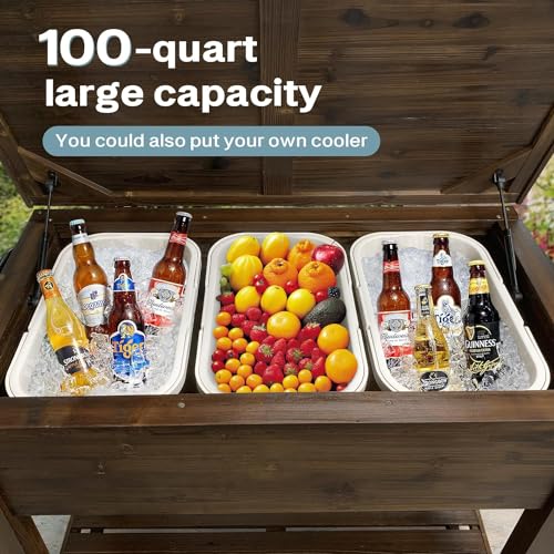 100-Quart Wooden Patio Cooler with Wheels B728158