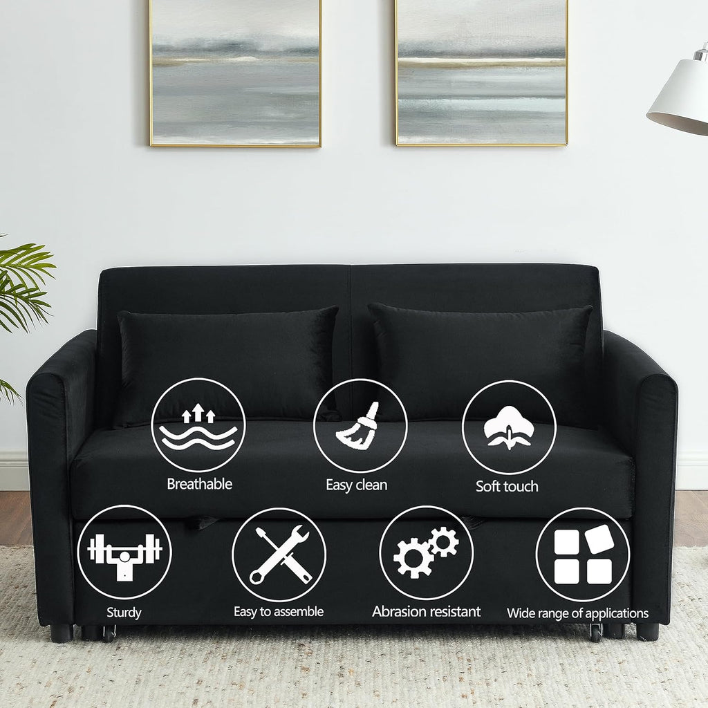 Black Velvet Convertible Sleeper Sofa with Pullout Bed J75296