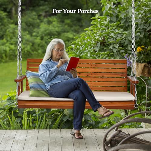 Heavy Duty Patio Wooden Porch Swing with Extra Cushion and Adjustable Chains G949