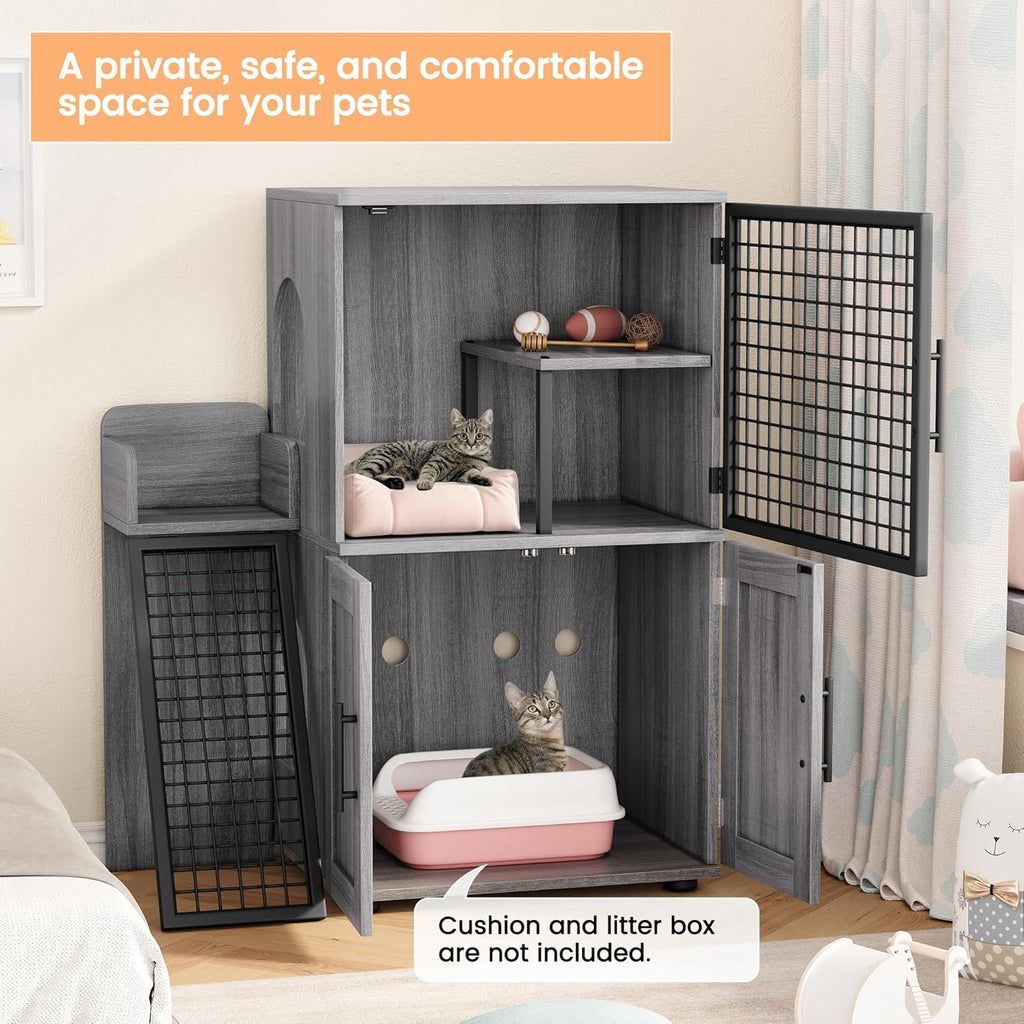 Cat Litter Box Enclosure with Platform, Double Layer Cat Litter Hidden Furniture, Large Cat Cabinet with Ladder, Wax Wood B6325