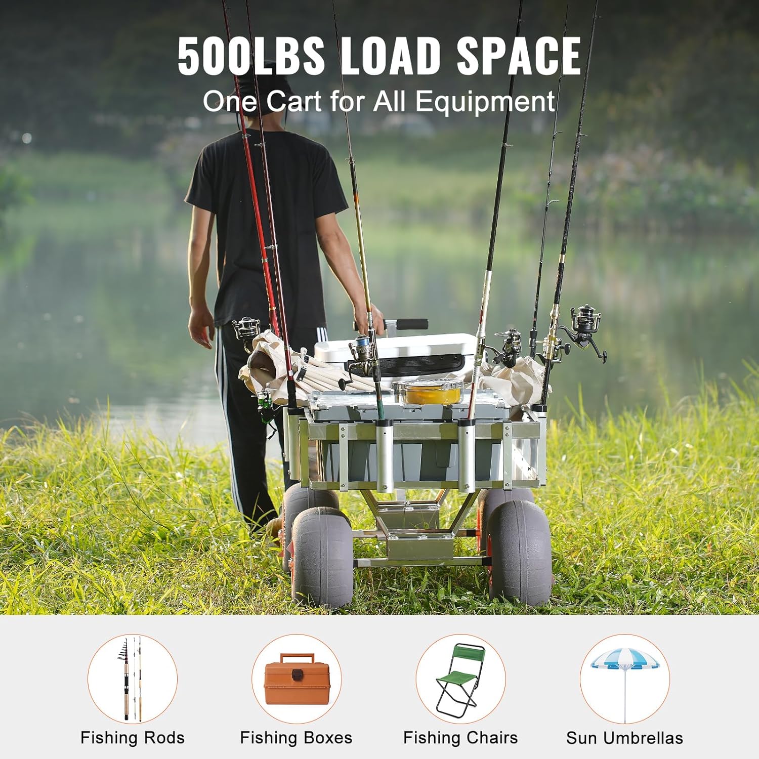 400lbs Load Capacity Aluminum Beach Fishing Cart with 13" Big Wheels and 6 Rod Holders X25352