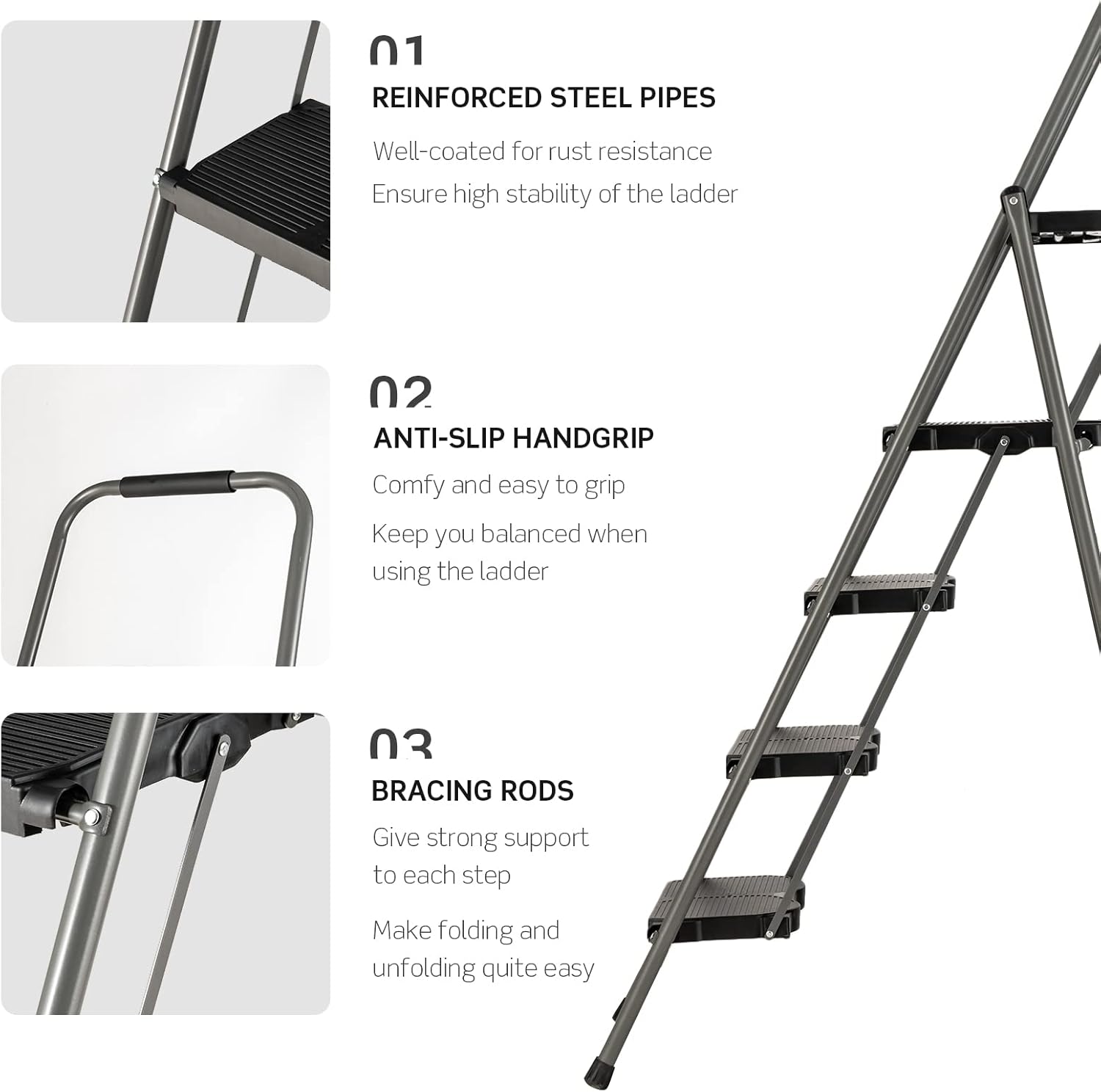 4 Step Folding Ladder with Handrail, Black S3260