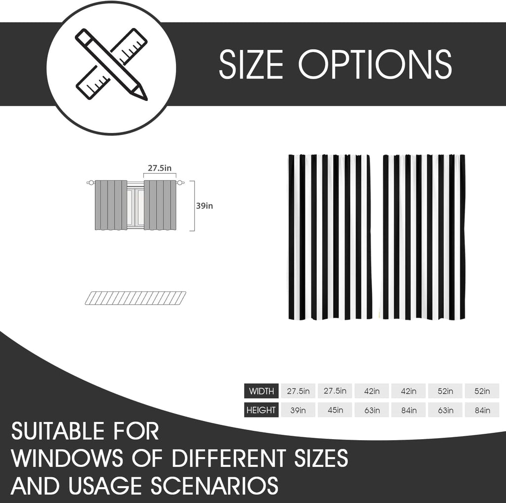 Black and White Striped 27.5" W x 39" L Kitchen Curtains 2 Panels Rod Pocket N569994