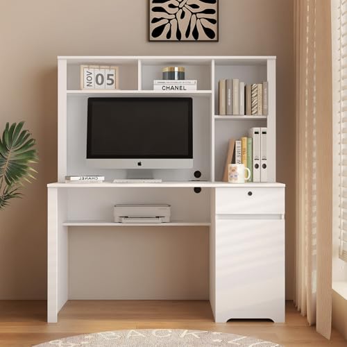 White Wood Computer Desk with Hutch, Bookshelf, Drawers, 3 AC Outlets and 2 USB Charging Ports Z2671
