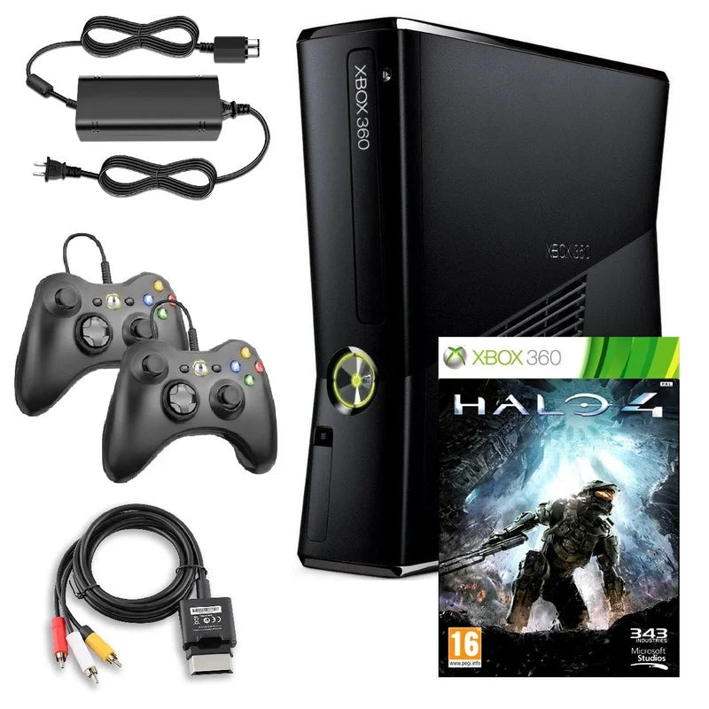 Black Xbox 360 S 4GB Game Console with Halo 4 and 2 Black Controllers Z3182